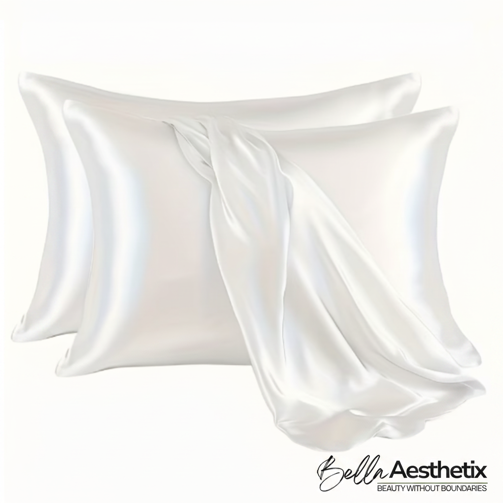 Bella Aesthetix SilkVeil white satin pillowcases on white background