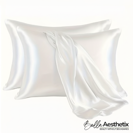 Bella Aesthetix SilkVeil white satin pillowcases on white background