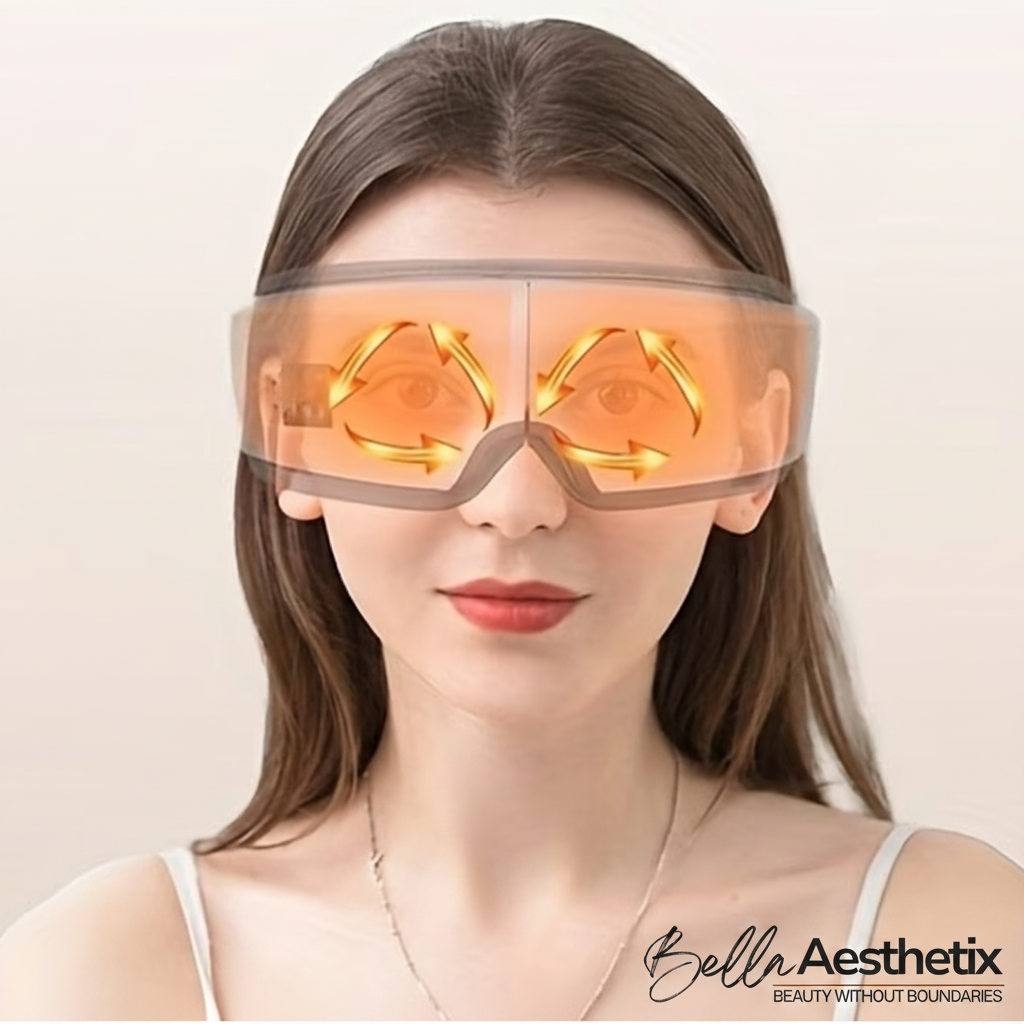Person wearing Bella Aesthetix eye massager with heat therapy glow
