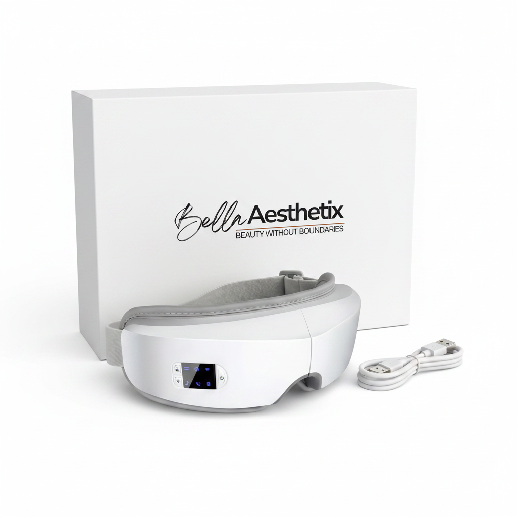 Bella Aesthetix Eye Massager with white branded packaging