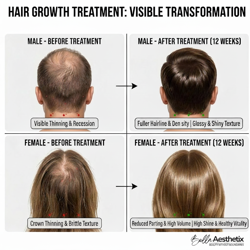 Hair growth treatment visible transformation with Bella Aesthetix logo