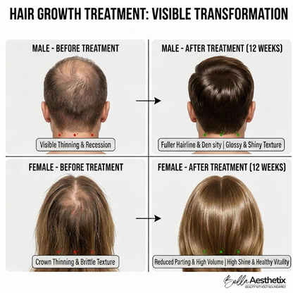Hair growth treatment visible transformation with Bella Aesthetix logo