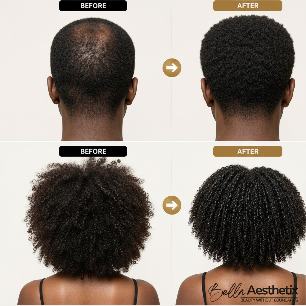 Natural hair before and after transformation with Bella Aesthetix logo