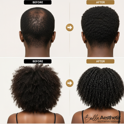 Natural hair before and after transformation with Bella Aesthetix logo